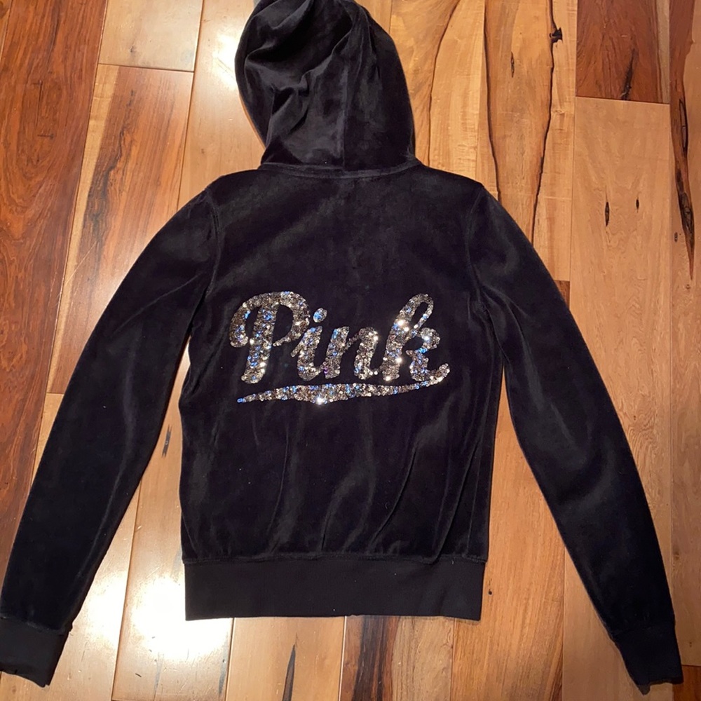 VELOUR SEQUIN PINK VICTORIAS SECRET HOODIE SIZE SMALL - Picture 4 of 5
